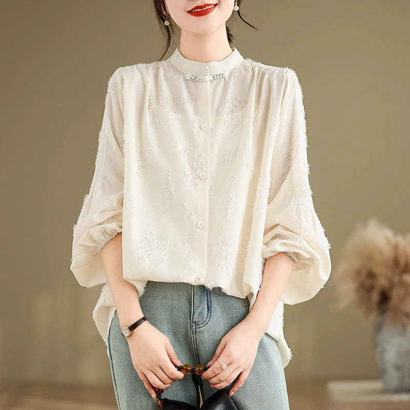 Spring Summer Dot Turn-down Collar Fasion Cotton Linen Blouse Shirt Button Elegant Office Ladies Women Casual Loose Tops Blusas