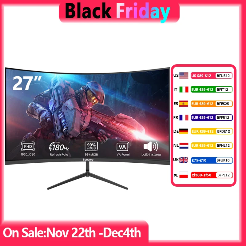 Suevery 27-inch Gaming Monitor, 100hz Computer Monitor FHD 1080P PC Monitor,1800R Curved Screen Carries Built-in Sound Frameless