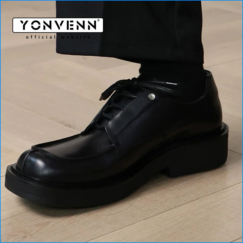 Frankenstein square toe derby shoes with high-end feel genuine leather retro casual leather shoes men's trendy shoes thick sole