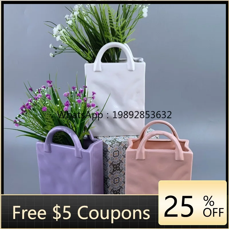 

HYS hand-squeezed relief flower bag modeling ceramic flower basket basket storage ornament handmade
