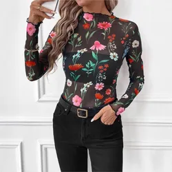 Sexy Long Sleeve T-shirt Women Elegant O Neck Flower Printed Mesh Shirts For Women Spring Autumn Basic Shirt Lady Tee Tops