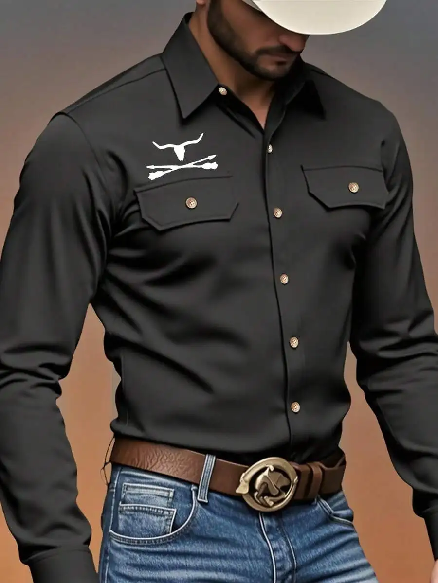 

Men's Black Western-Style Long-Sleeve Shirt with Bull & Crossed Arrows Graphic