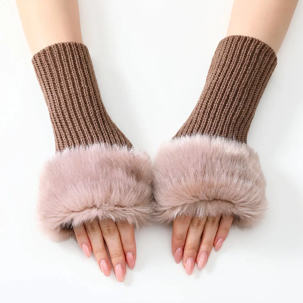 Fashion Winter Knitted Arm Warmers Striped Fingerless Gloves Plush Cuff Sleeves Outdoor Thermal Soft Hand Protector Accessory