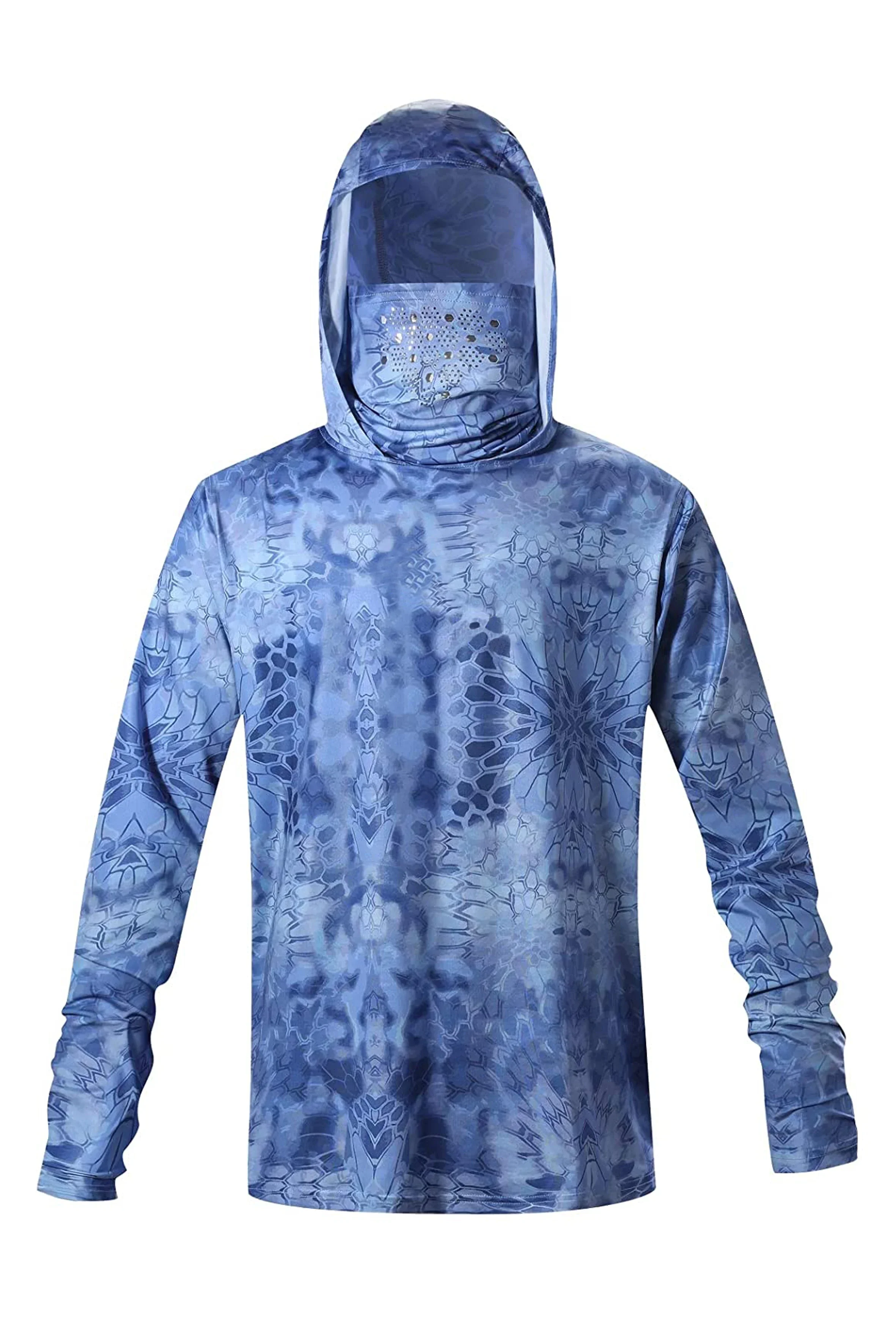 Mens Fishing Hooded Shirt UPF50 Sun Protection Face Cover Long Sleeve Geometric Scale Print Quick Dry Outdoor Hiking UV Shield