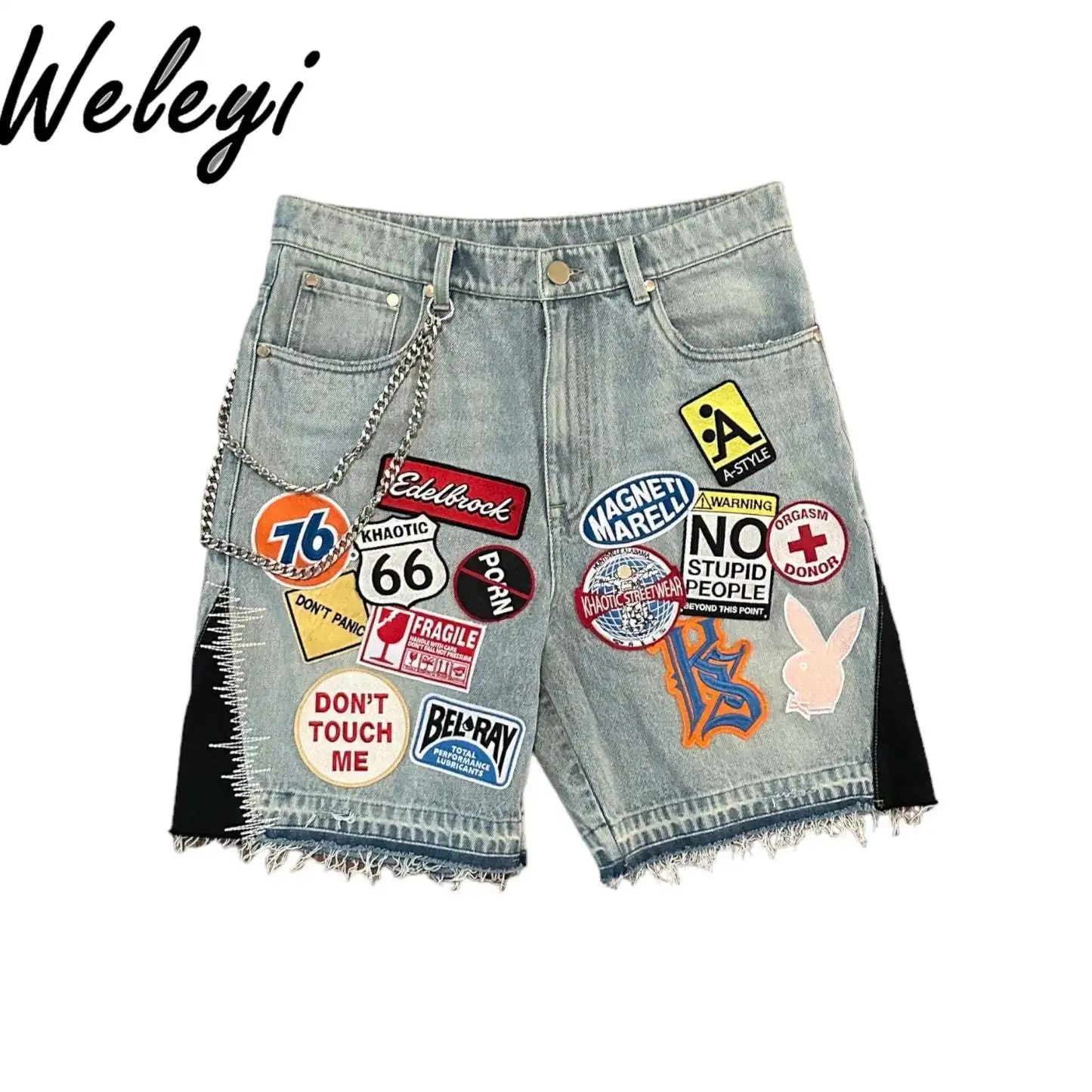 Goth Light Blue Cartoon Embroidered Patch Short Jeans for Men Women Y2k Punk Fashion Couple Loose Trend Straight Denim Shorts