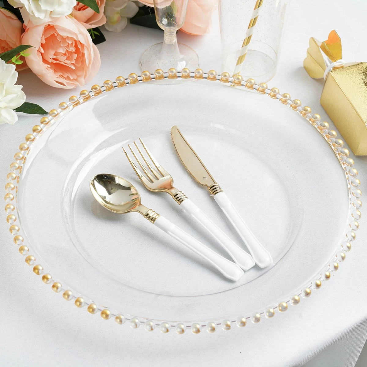 100pcs)Gold Acrylic Plastic Beaded Rim Charger Plates ( not glass charger plate) for wedding table centerpieces