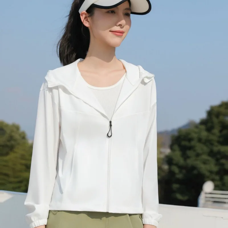 Women's Hooded Zip Up Sun Protection Jacket Ice Feel Breathable Loose Drawstring Casual Outdoor Lightweight Sun Coat
