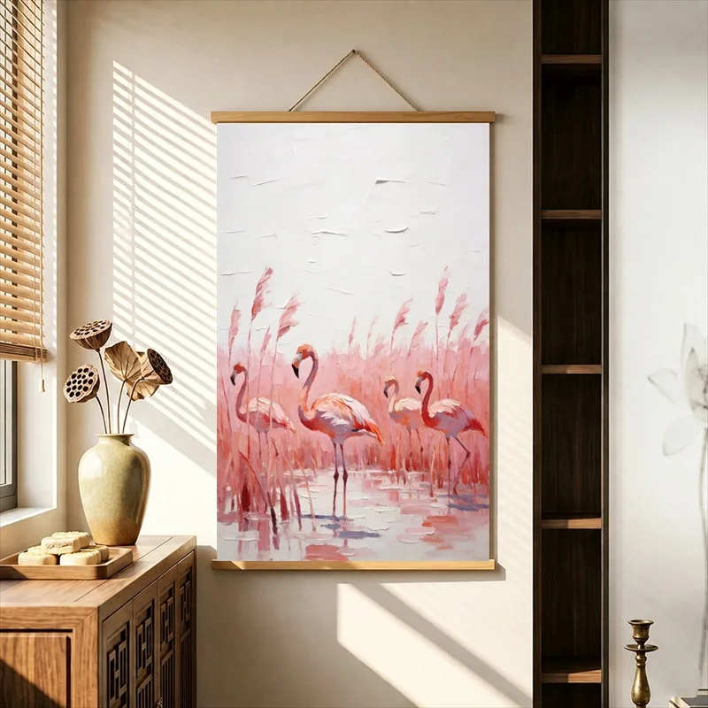 Wall Decorations Pink Flamingo Flocks in Shallow Water, Wildlife Minimal Pearlescent Canvas Hanging Scroll for Boutique Hotel