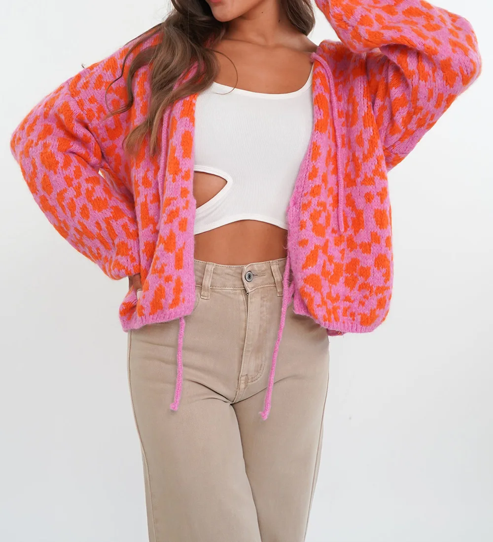 Casual Loose Sweater Retro Leopard Print Daily Fashion Street Style Winter Clothes Woman Long-sleeved Knitted Lace-up Cardigan