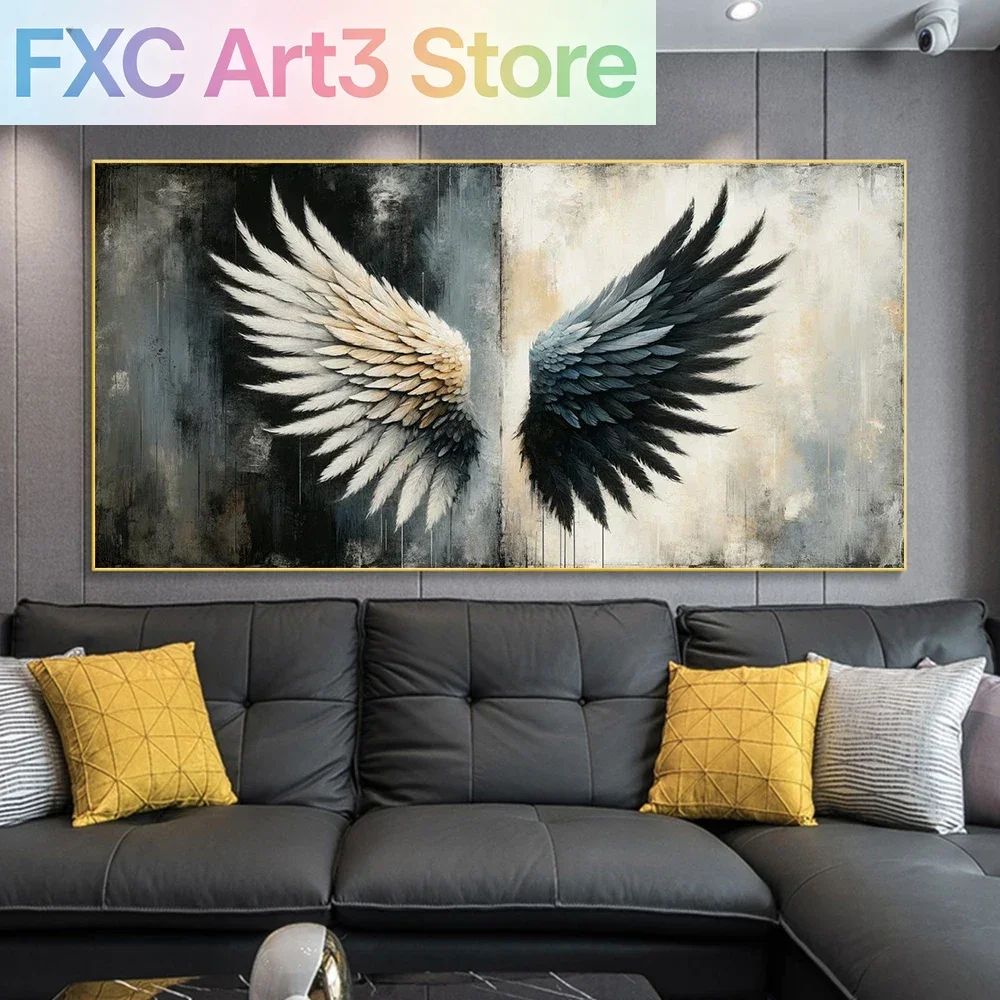 1 pieza de pintura en lienzo sin marco, alas de ángel abstractas, arte de pared vintage, póster impreso de alas en blanco y negro para dormitorio, sala de estar H