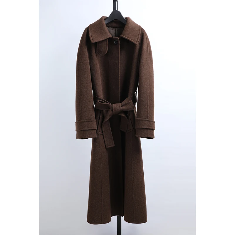

CC Brand Long Double-Sided Hand-Stitched Woolen Coat with Belt Straight Cut Autumn Winter Women's Outerwear Korean Sle