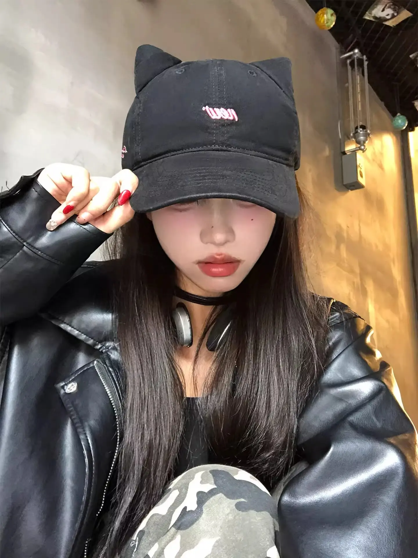 Hat female cute cartoon cat ears baseball cap Korean version wide brim big head circumference hat showing face small peaked cap