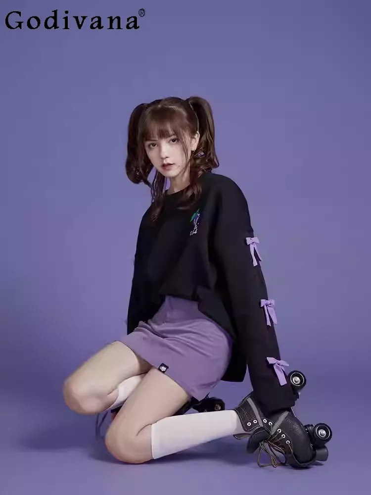 

Black Three-dimensional Sweet Bow Rose Print Long Sleeve Sweatershirt Spring Purple Sweet Cool Girl Loose Japanese Pullover Tops