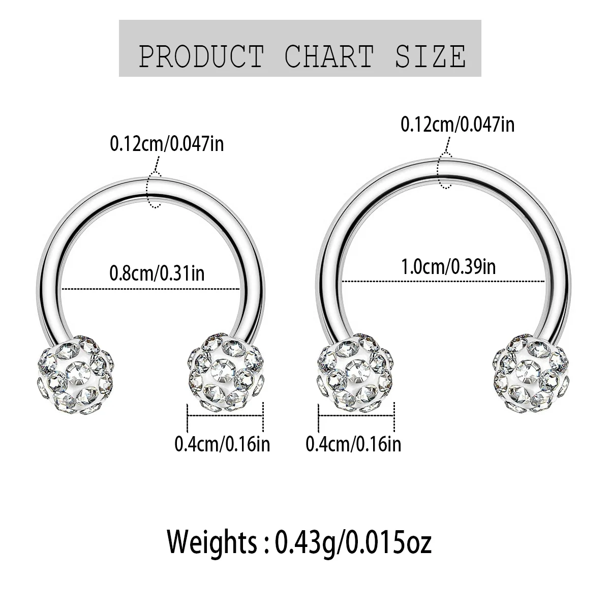 Colored Crystal Ball C-Shape Horseshoe Nose Ring Earrings
