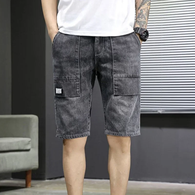 Shorts jeans até o joelho masculino, jeans curtos, calça camuflada, selvedge longo, tendência meio-estilista de cowboy, largo luxo, fino, 2024