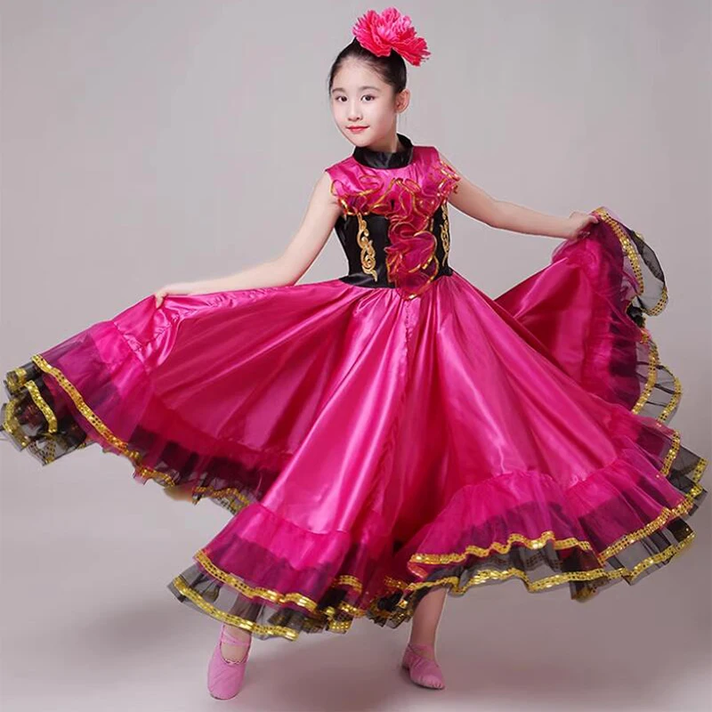Girls Spanish Flamenco Dance Dresses 360/540/720 Degree Big Swing Skirt Kids Opening Dance Stage Performance Costumes