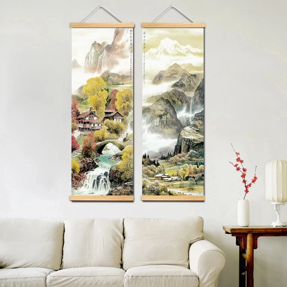 Chinese Traditional Style Four Seasons Landscape Canvas for Living Room Wall Art Poster Solid Wood Scroll Paintings Home Decor