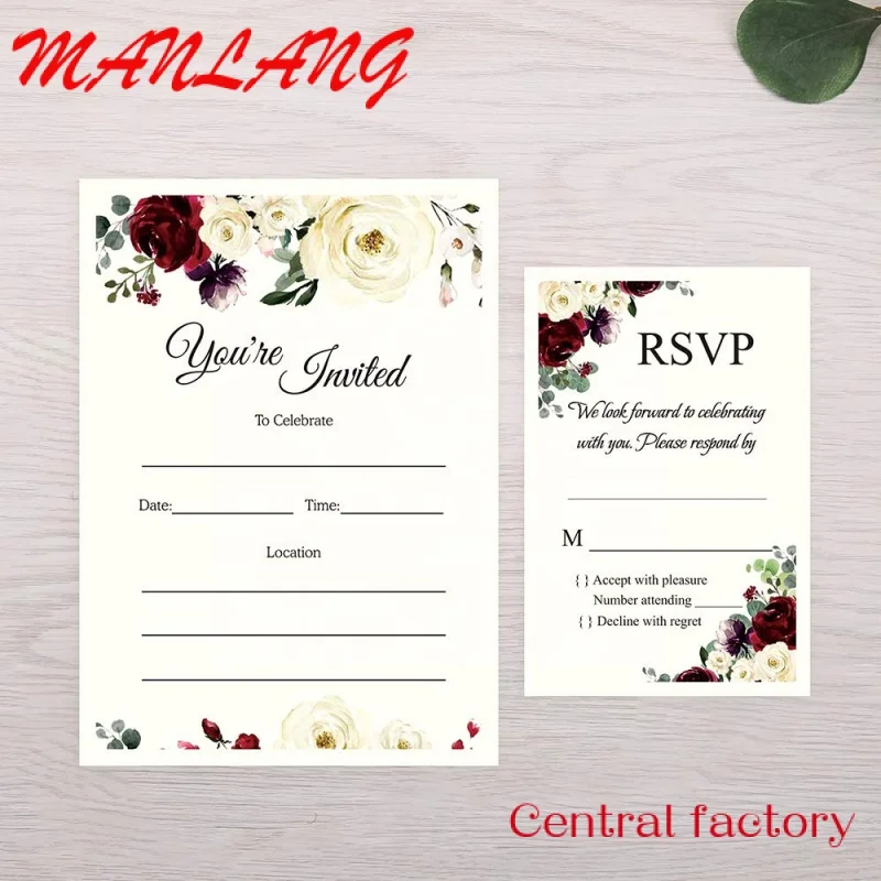 Carte d'invitation de mariage élégante fleur rouge, ensemble avec enveloppe personnalisée disponible