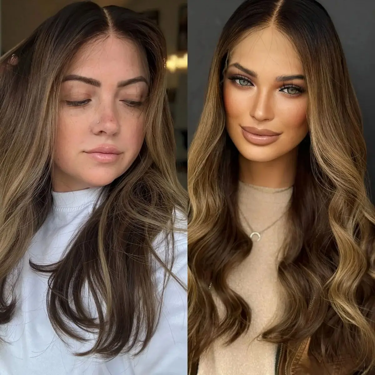 22 Inches Chocolate Brown Highlights Synthetic Lace Frontal Wigs With Dark Roots Long Length Loose Wave Brunette Fibre Female