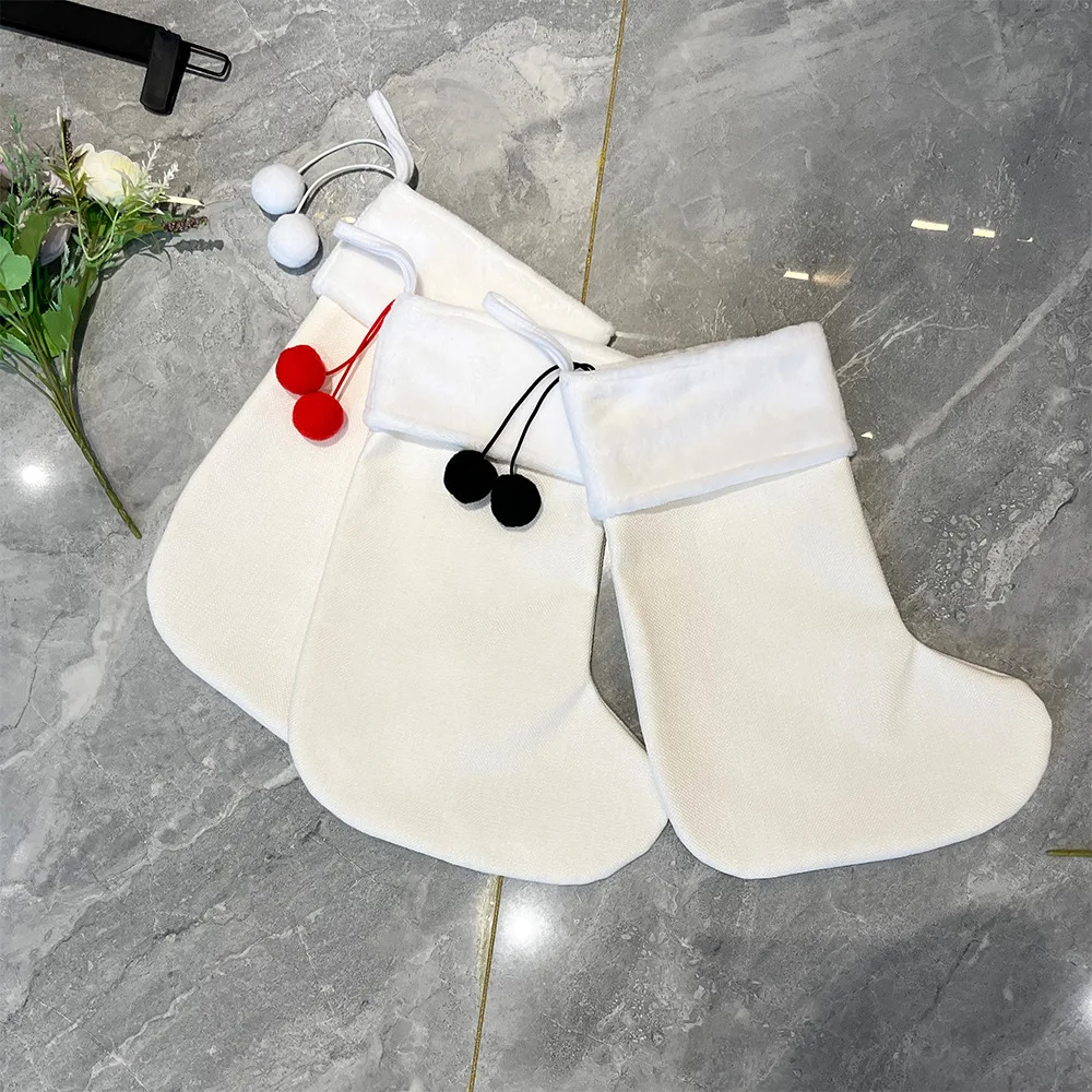 Heat Sublimation White Cotton Linen Christmas Stocking With Hydrangea Holiday Decorations Gingham Stocking Along Gift Bag