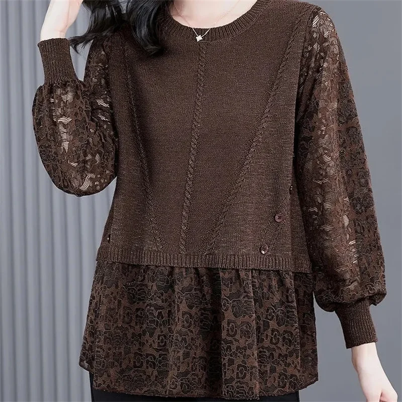 M-6XL Fashion Lace Shirts Spring Autumn New High End Fake Two Pieces Knitted Pullovers Women Large Size Patchwork Long Sweater