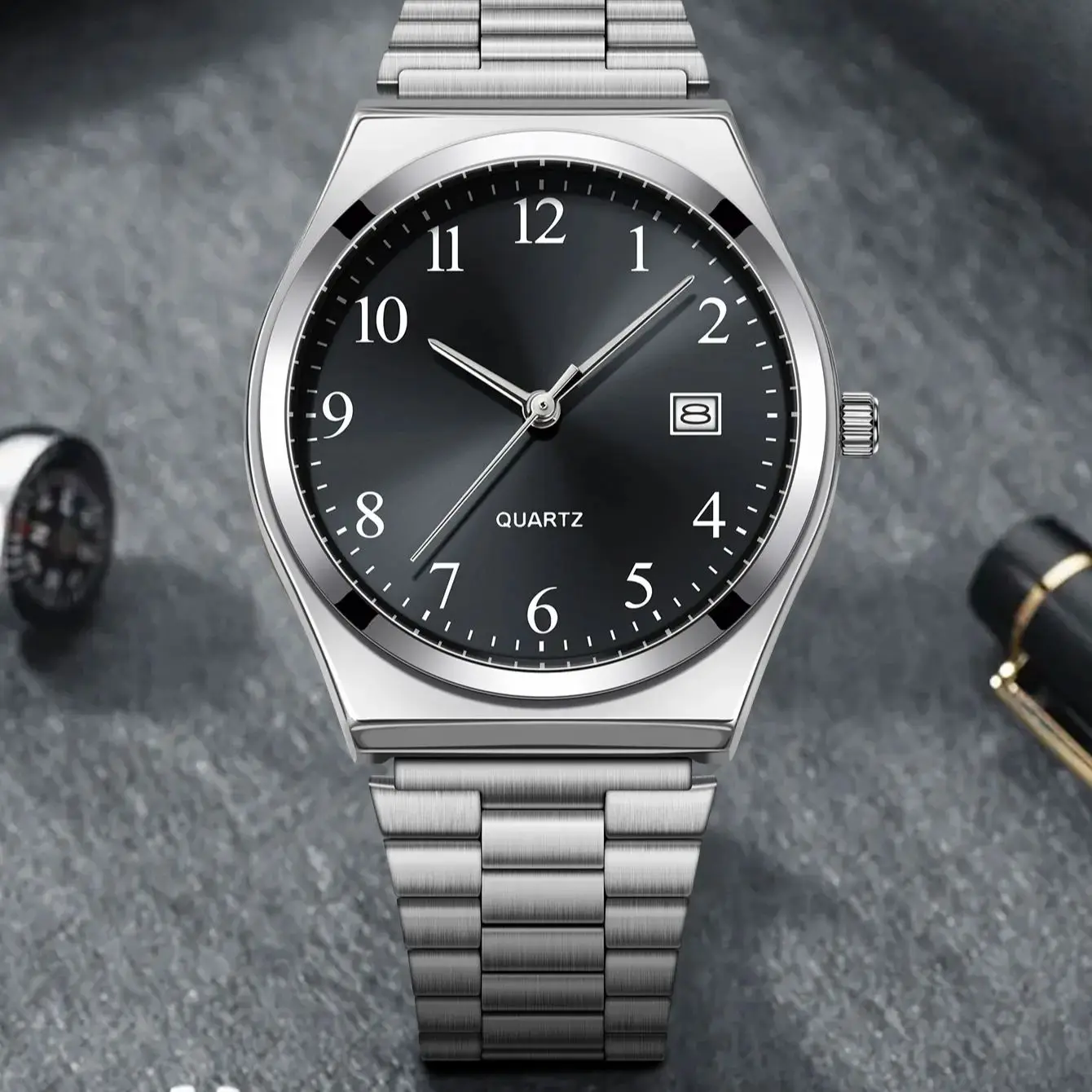 LUCKY FOX - Jam Tangan Stainless Steel Bergaya & Minimalis dengan Dial Hitam - Ketepatan Waktu Yang Tepat untuk Sehari-hari
