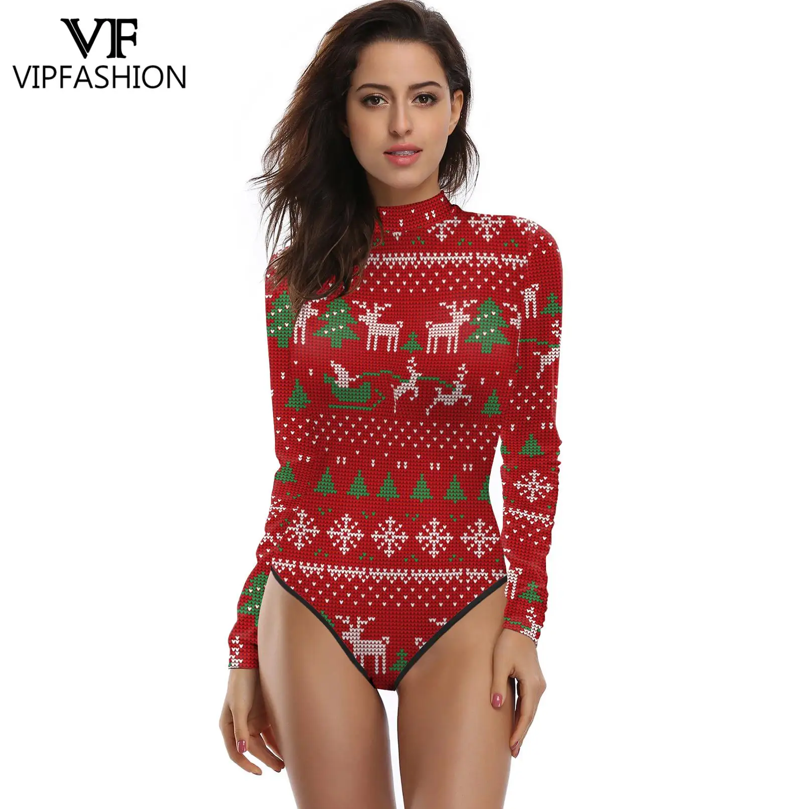 VIP FASHION Woman Ugly Christmas Swimsuit Sexy Clothes Pattern Bodysuit Xmas Party Cosplay Costume Long Sleeve Sexy Zentai Suit