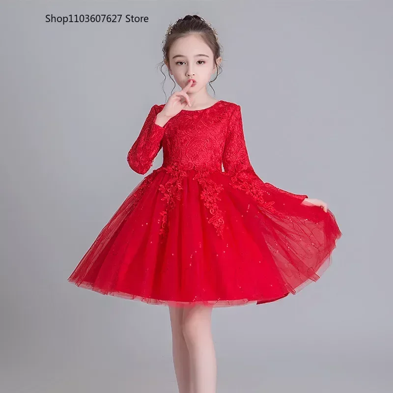 

Kids 10 to 12 Years Old Flower Girl Wedding Ceremonial Dress for Eid Junina Party Children's Long Sleeve Lace Red Winter Clothes