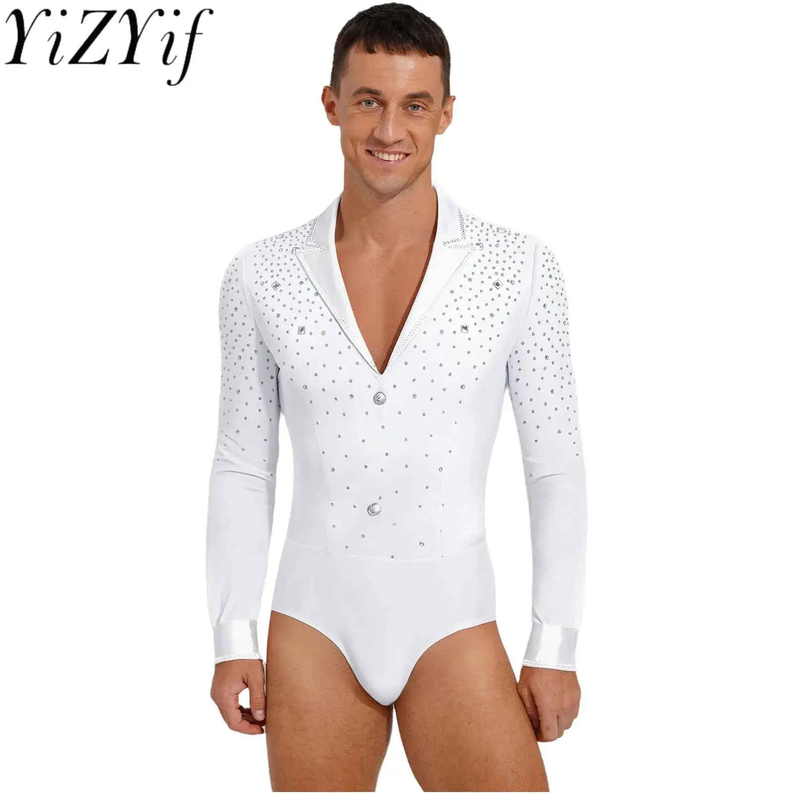 

Gentry Men's Lyrical Latin Tango Waltz Dance Performance Bodysuit Leotard Sequins Deep V Neck Ballroom Jazz Dance Outfit