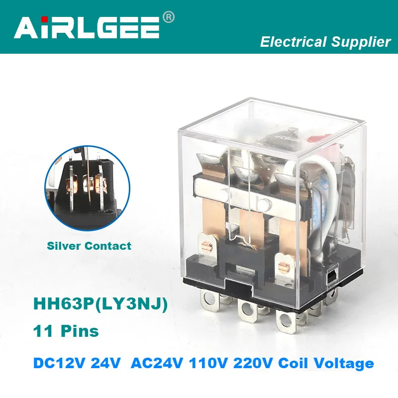 HH63P LY3NJ DC12V 24V AC24V 110V 220V Coil 11-Pin 3NO 3NC 3PDT Green LED Mini Middle Electromagnetic Relay