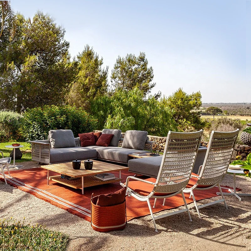 #Modular Outdoor Sectional Sofa Set Aluminum Frame Rope Weaving Gray & Orange Cushions Weather Resistant Patio Furniture Garden