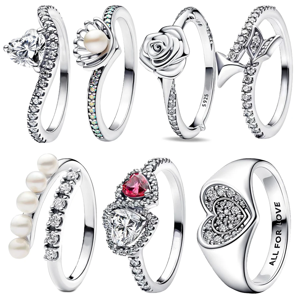 Anillo de Plata de Ley 925 con doble corazón, concha, corazón grueso, flecha de Dios de amor, rosa y perla, joyería romántica para mujer