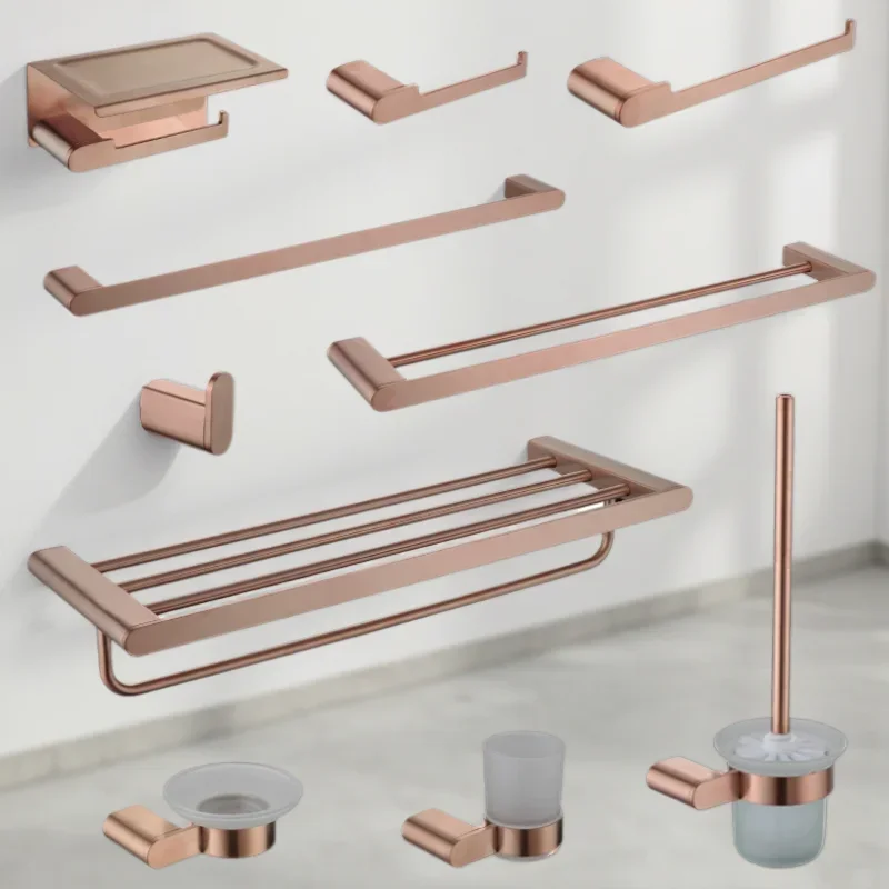 

Rose Gold Towel Bar Bathroom Accessories Towel Hanger Storage Rack Platform Paper Holder Toilet Brush Soap Holder Robe Hook