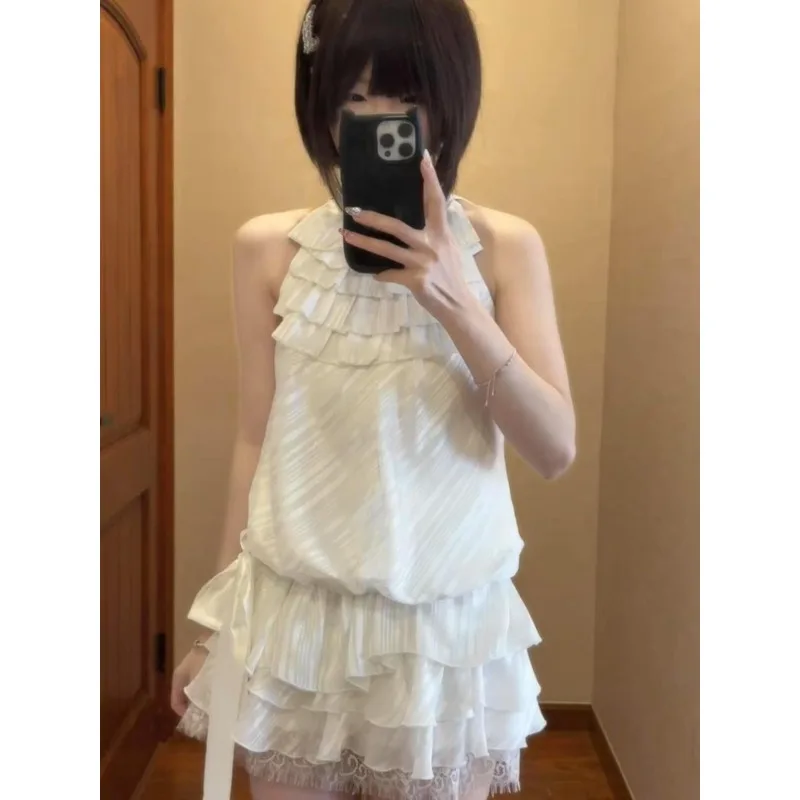 

Japanese Subculture Aesthetics Women's Kawaii Two-piece Harajuku Sweet Elegant Halter Vest Y2k Lace Patchwork Mini Cake Skirts