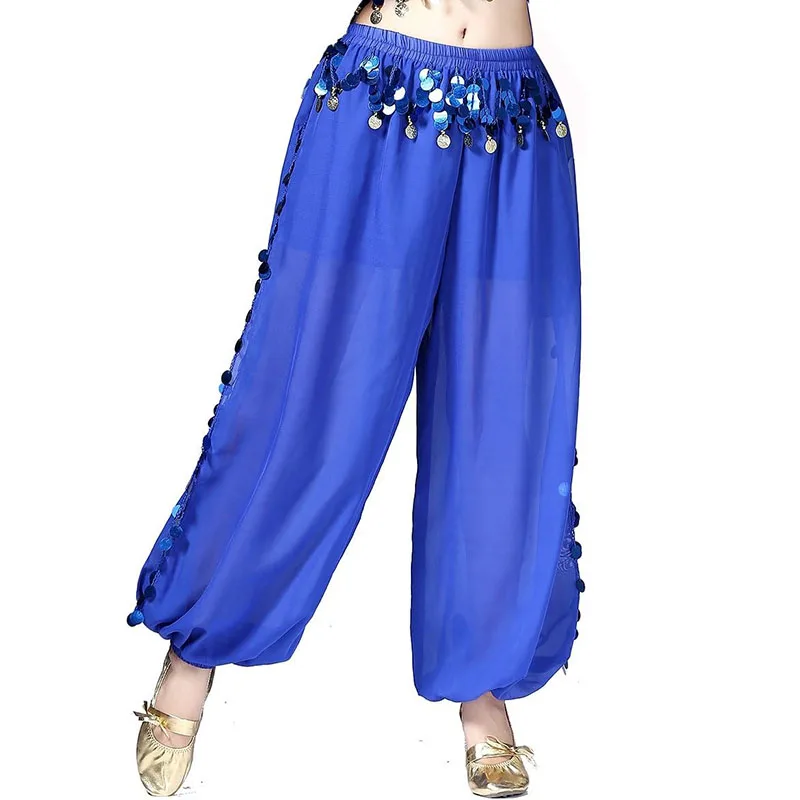 Women's Belly Dance Costume Coin Lantern Pants Shiny Sequins Side Split Harem Pants Tribal Arabic Halloween Hippie Trousers