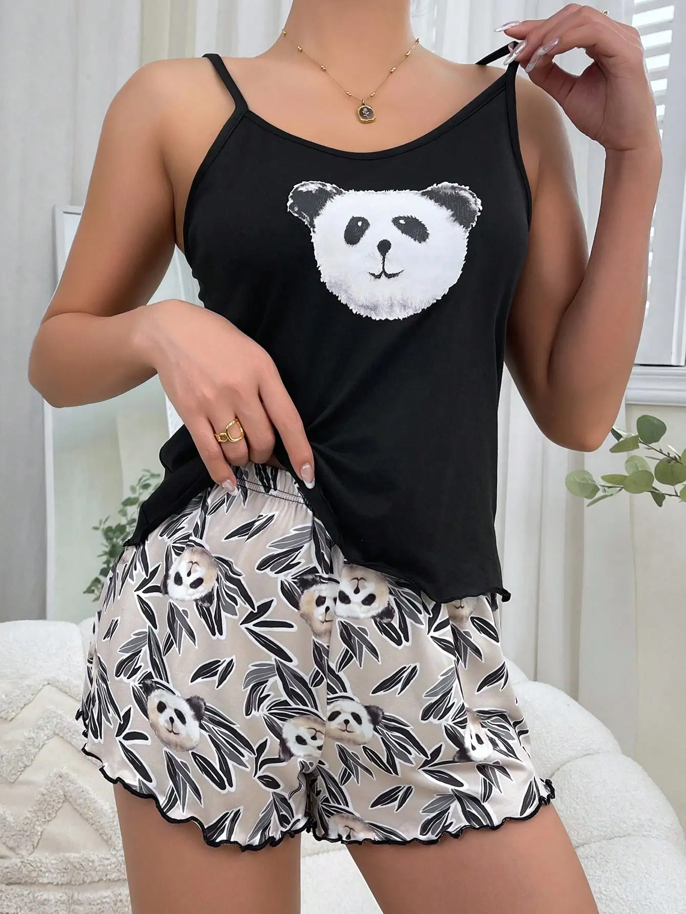 Women Pajamas Set Summer Sleepwear Panda Print Sleeveless Spaghetti Strap Top & Allover Prints Panda Bamboo Shorts Casual Soft