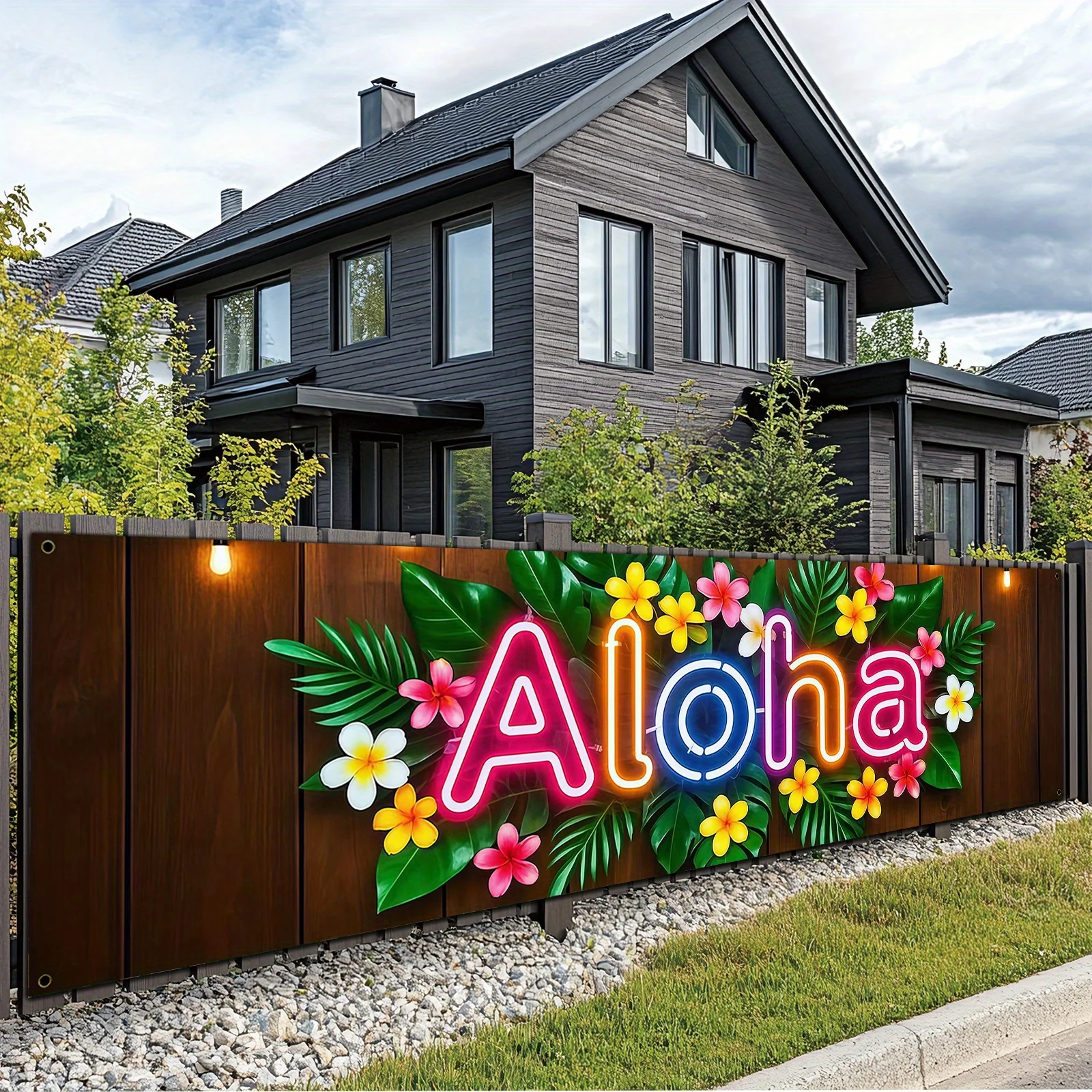 VIKAMA Banner floral vibrante de estilo tropical “Aloha”, pared de fondo para fiesta en el patio al aire libre, reuniones de verano, decoración del hogar para fiesta en la piscina