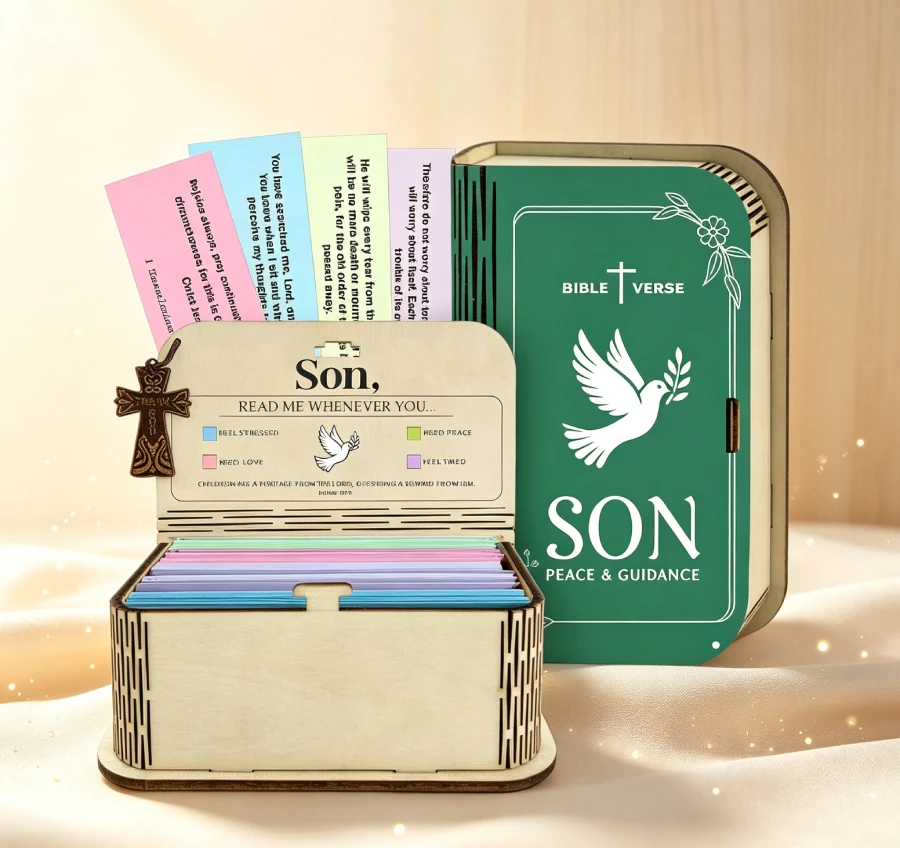 New Inspirational Bible Verse Wooden Scripture Card Holder, Spiritual Prayer Card Box for Daily Devotion, Meditation, Religious Faith, Holiday Gift for Men