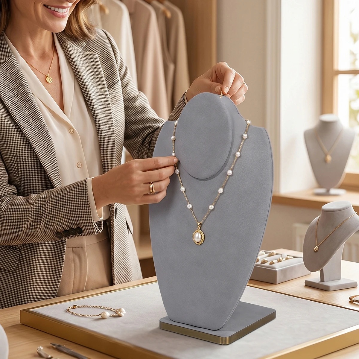 Velvet Necklace Bust Display Stand, Gray Jewelry Mannequin Bust with Gold Base, 3D Neck Form Holder for Necklaces, Pendants