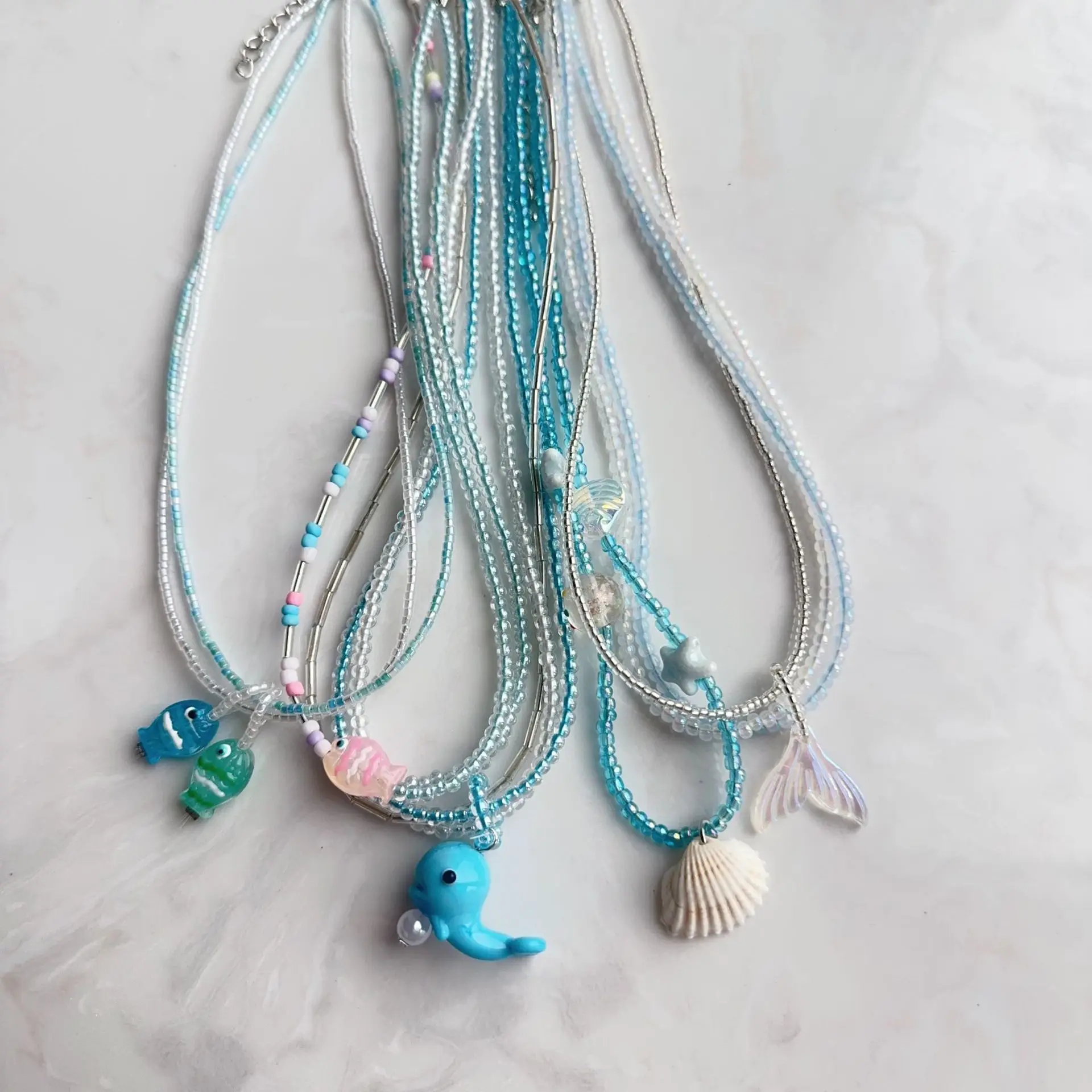 Pendant Necklace Blue Beaded Little Fish Cute Colorful Summer Dopamine Charm for Girls Versatile Casual Party Travel Office Gift