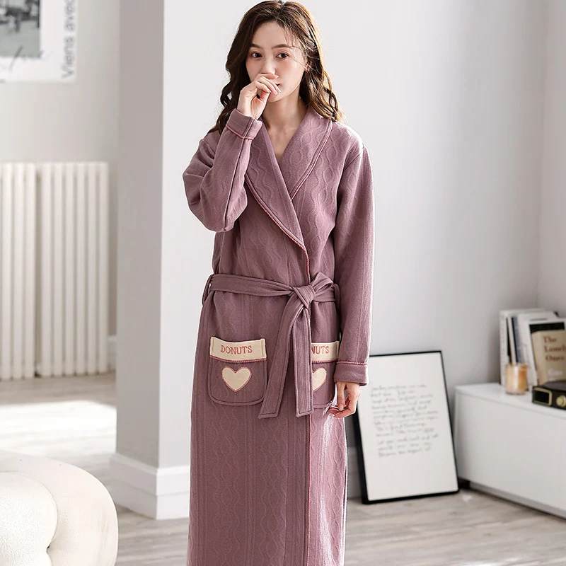 Women's New Sleeping Robe with Three Layer Thin Cotton Embossed Design Advanced and Simple Women's Morning Robe