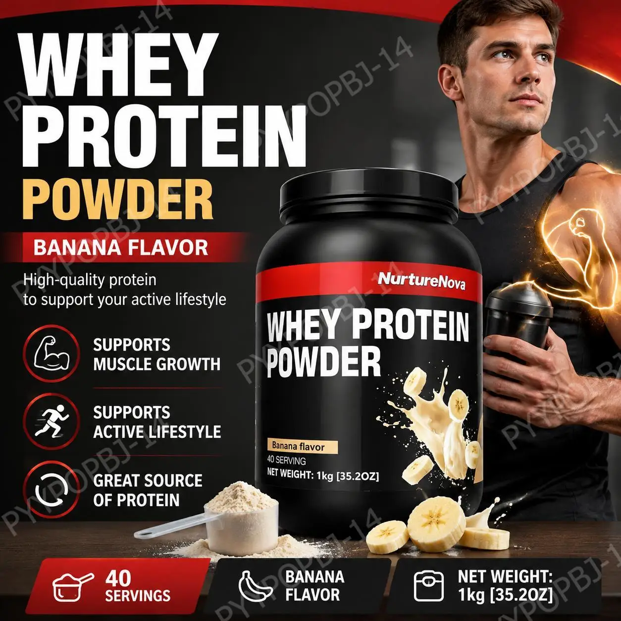 NurtureNova Whey Protein Powder with Taurine and Vitamins A D E C, Zinc, Banana Flavor, 30 G Protein Per Serving, 40 Servings