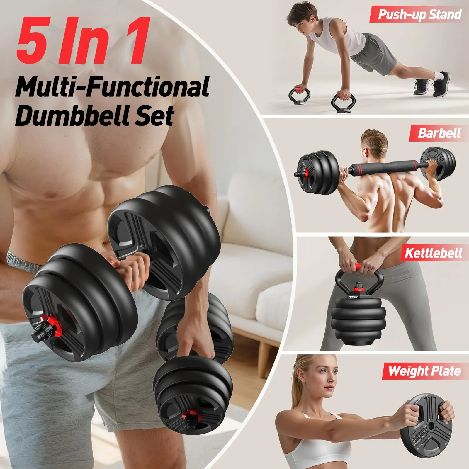 Adjustable dumbbell set,20/35/45/55/70/90lbs Free Weights set with upgraded nut, 5 in 1 Weight Set Used as Kettlebells