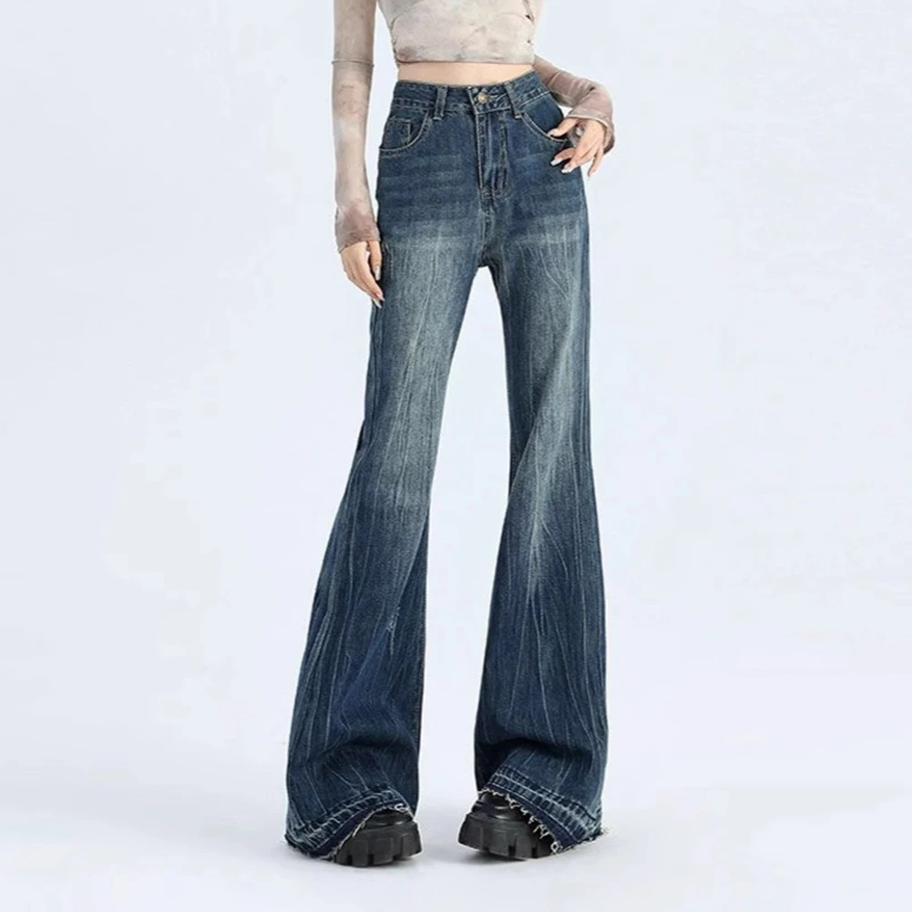 カジュアルお出かけブルーフレアパンツ快適なハイウエストパンツ快適なズボンロング丈パンツわずかにフレアカット