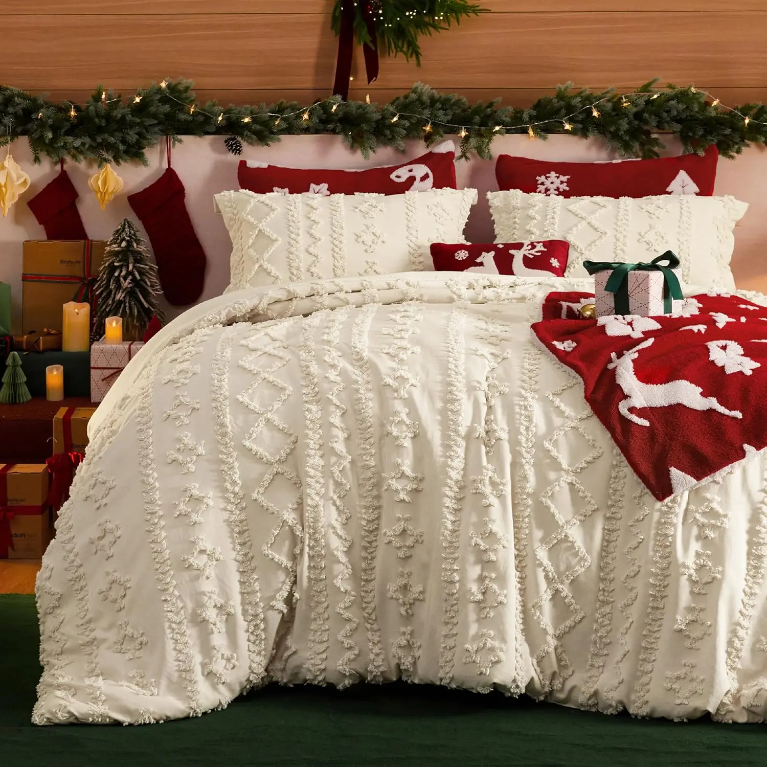 

King Size Tufted Boho Comforter Set - Beige Farmhouse Embroidery Bedding, Soft Jacquard All Seasons