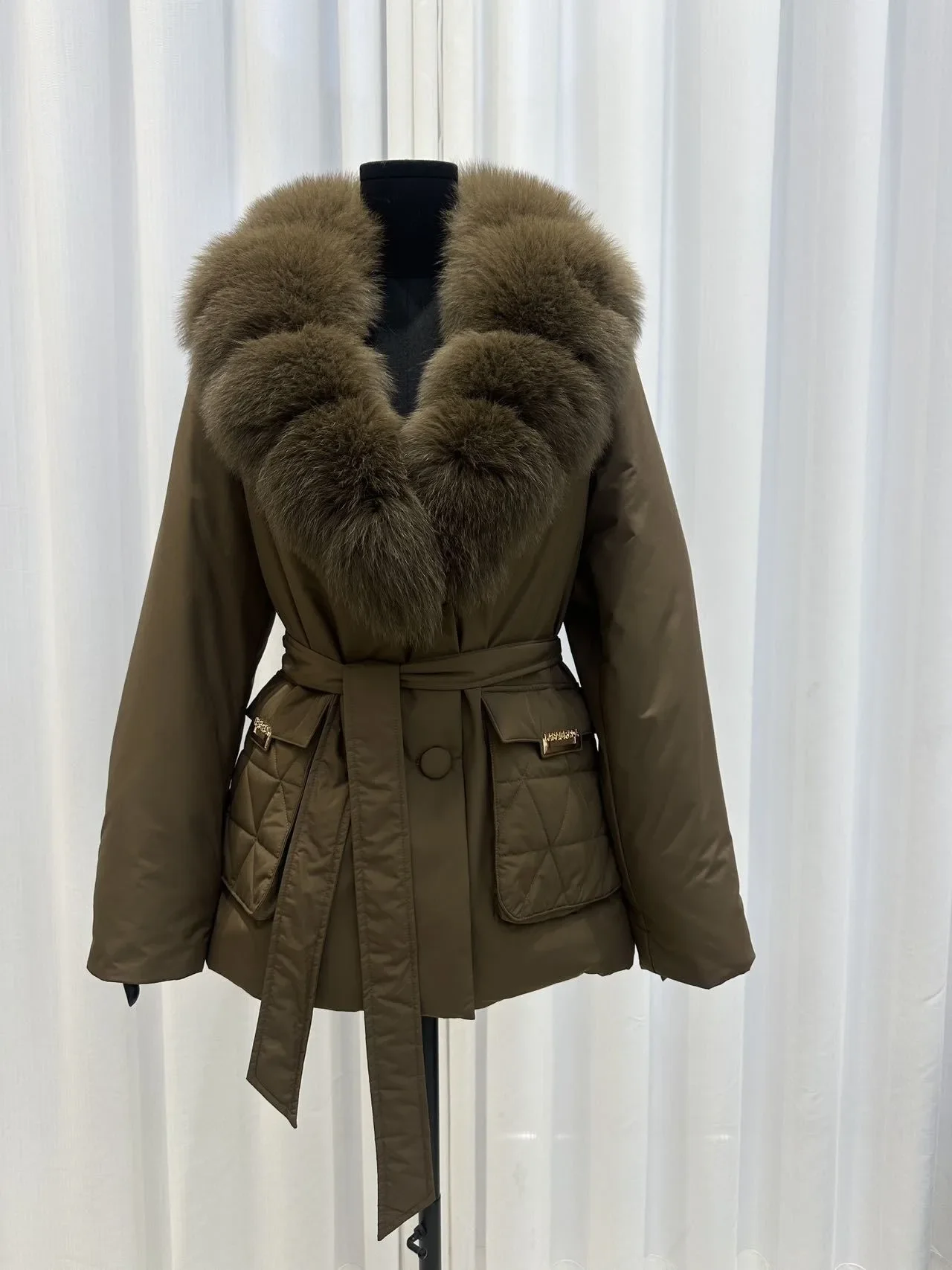 OFTBUY Real Fox Fur Collar Duck Down Jacket Women Mid-Length Puffer Jacket Luxury Slim Belted Waist Winter Warm Outerwear