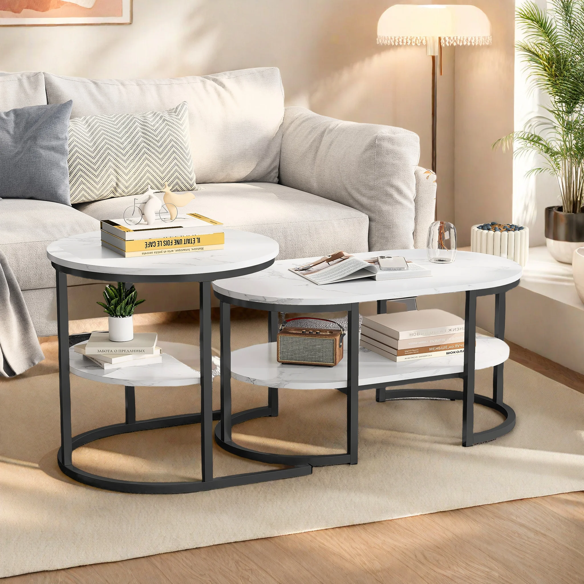 Ensemble de 2 tables basses Anajqaqia, table de salon 2-en-1 avec espace de rangement, table de canapé moderne, ensemble de tables d'appoint à structu