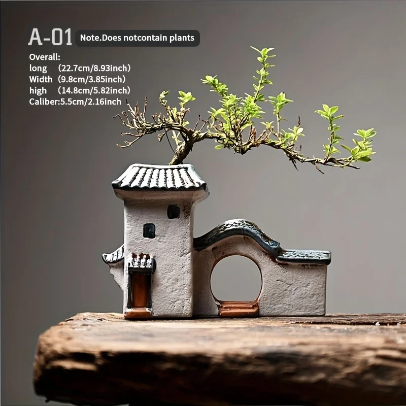 Modern White Ceramic Zen House Plant Pot with Pagoda Roof - Miniature Landscape Bonsai & Succulent Planter