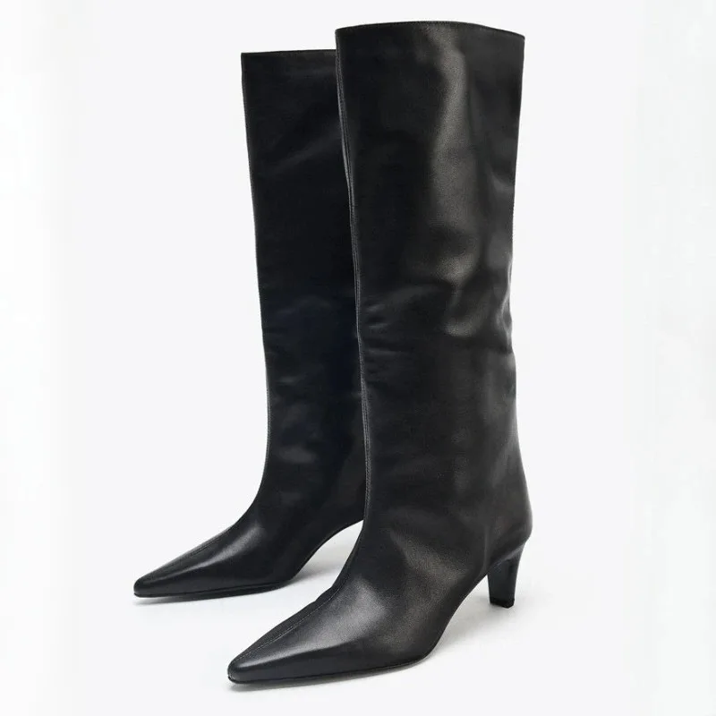 

Модные кожаные сапоги до колена, женские зимние пикантные ботинки с острым носком на каблуке «котенок», дизайнерские роскошные легкие рыцарские сапоги Botas Mujer