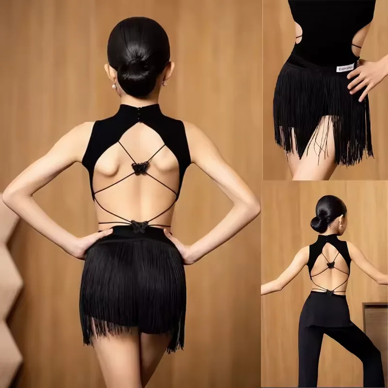 

Girls Short Sleeve Close-fitting Tops Fringe Skirt Backless Latin Dance Suit Clothes Kids Cha Cha Samba Performance Pants Set